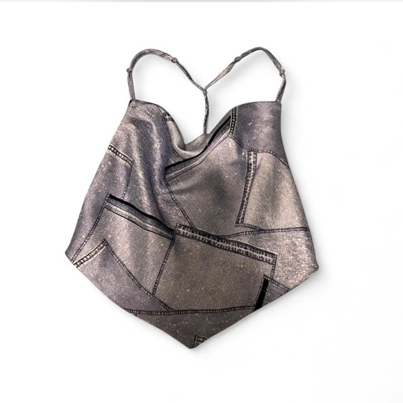 4th + Reckless Denim Print Cowl Neck Silk Top - Size S - Picture 4 of 6